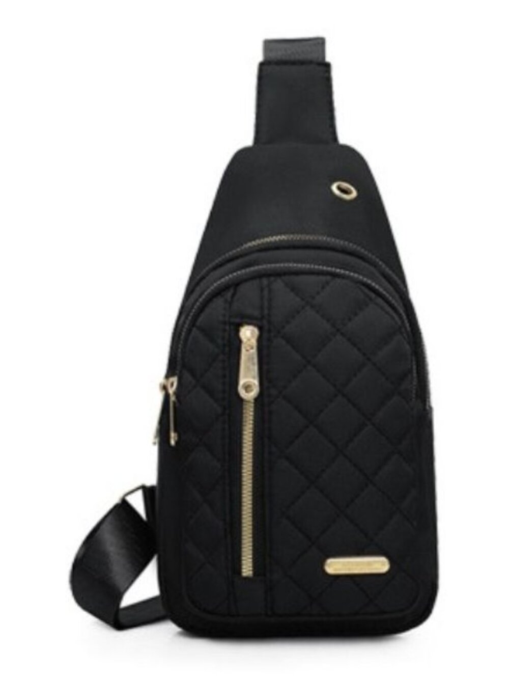 Quilted Black Nylon Sling Backpack With Gold Zippers & Adjustable Strap Lightwei - Picture 3 of 7